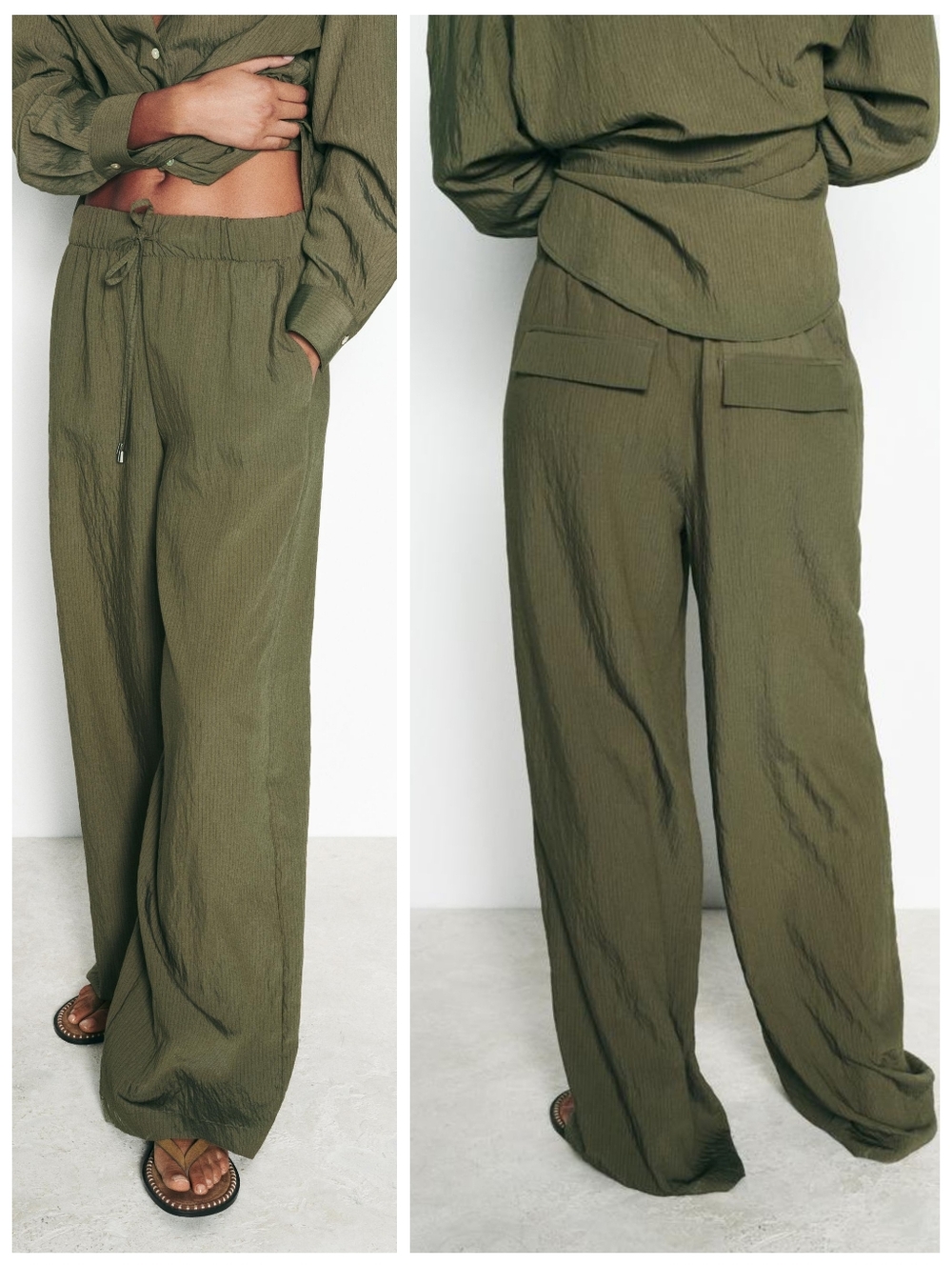 Zara Olive Green Pinstripe Wideleg Pajama Pants